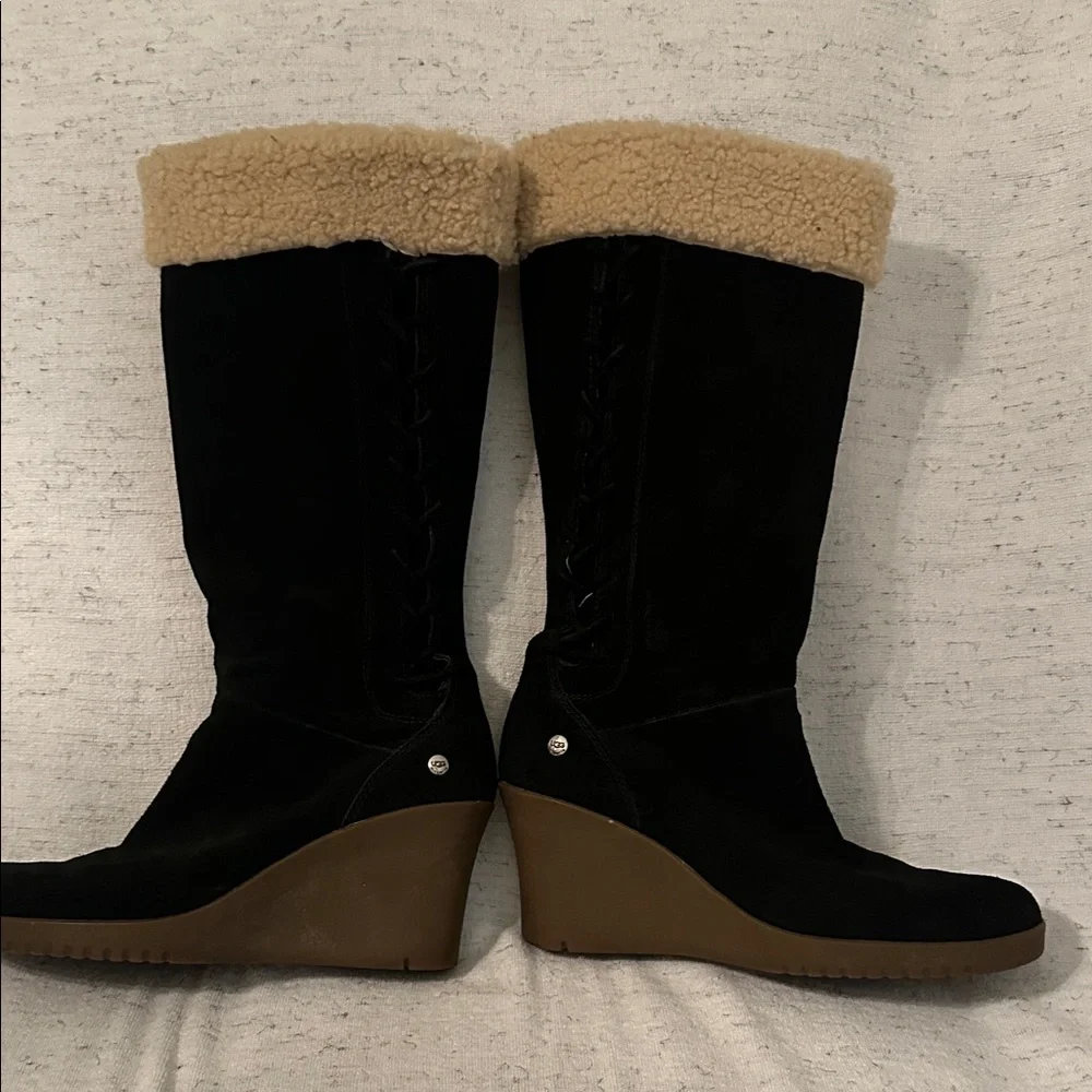 UGG Black Suede with Sheepskin Tall Wedge Boots - Picture 1 of 6